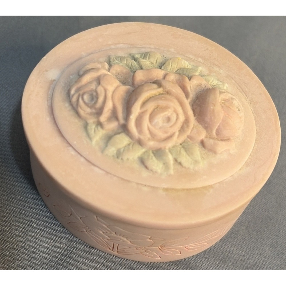 Bisque Porcelain Trinket Box Pink  Roses In Relief Motif Vintage 1980-90 Small
